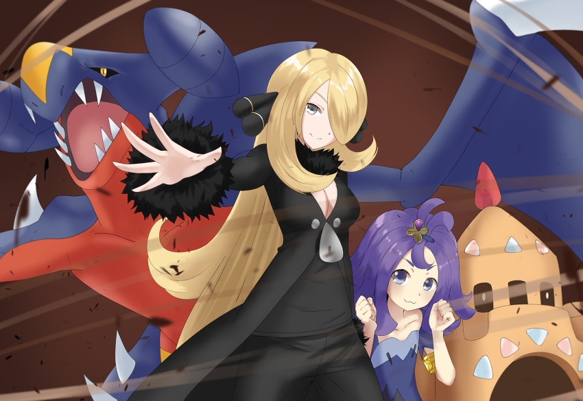 2girls :3 acerola_(pokemon) age_difference armlet black_coat black_pants blonde_hair breasts brown_background cleavage clenched_hands closed_mouth coat collarbone commentary cynthia_(pokemon) dress fur-trimmed_coat fur_collar fur_trim garchomp grey_eyes hair_ornament hair_over_one_eye highres long_hair looking_at_viewer multiple_girls palossand pants photoshop_(medium) pokemon pokemon_(creature) pokemon_dppt pokemon_move pokemon_sm purple_hair sandstorm_(pokemon) shirogane_(shirogane_eishi) smile stitches topknot very_long_hair