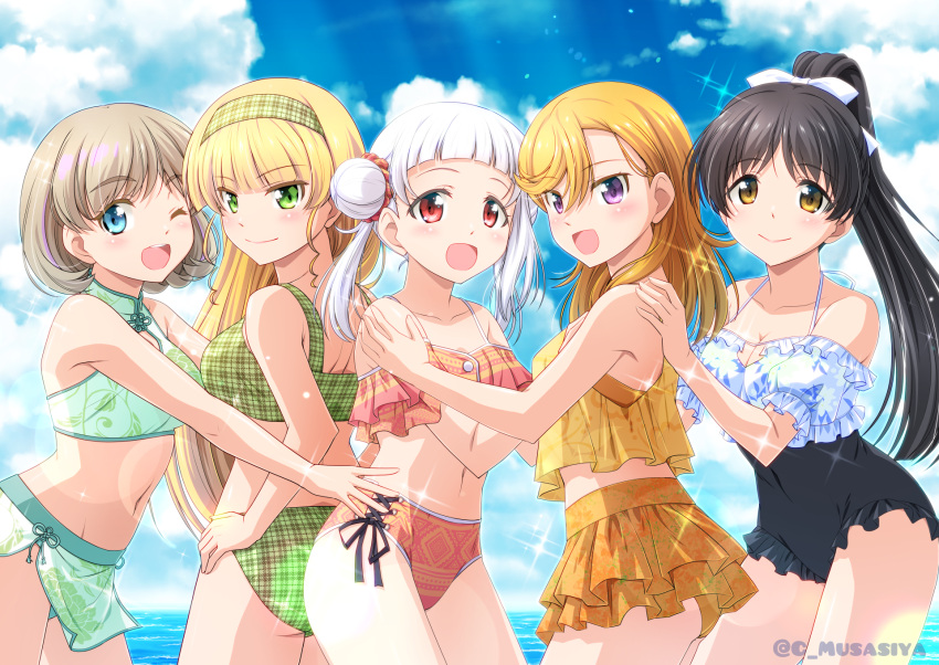 5girls :d ;d aqua_bikini arashi_chisato ass bare_arms bare_shoulders bikini bikini_skirt black_hair black_one-piece_swimsuit blonde_hair blue_eyes blue_one-piece_swimsuit blue_sky blunt_bangs blush bow breasts casual_one-piece_swimsuit cleavage cleavage_cutout closed_mouth clothing_cutout cloud collarbone commentary covered_navel cowboy_shot cross-laced_bikini cross-laced_clothes double_bun floral_print flower_knot frilled_bikini frilled_one-piece_swimsuit frills green_bikini green_eyes green_hairband grey_hair hair_behind_ear hair_between_eyes hair_bun hair_ornament hair_scrunchie hairband hairbow halterneck hand_on_another's_shoulder hands_up hazuki_ren heanna_sumire high_ponytail highres horizon light_particles long_hair looking_at_viewer looking_to_the_side love_live! love_live!_superstar!! medium_breasts medium_hair multicolored_bikini multicolored_clothes multicolored_hair multiple_girls musashiya_chougenbou navel ocean off-shoulder_bikini off-shoulder_one-piece_swimsuit off_shoulder one-piece_swimsuit one_eye_closed open_mouth orange_bikini orange_hair outdoors outstretched_arms pink_hair plaid plaid_bikini plaid_hairband ponytail print_bikini print_swimsuit purple_eyes red_bikini red_eyes red_scrunchie scrunchie shibuya_kanon short_hair side-tie_bikini_bottom sky smile sparkle standing stomach streaked_hair sunlight swept_bangs swimsuit tang_keke tankini teeth tribal_print twintails twitter_username two-tone_hair two-tone_swimsuit upper_teeth_only water white_bow white_hair yellow_eyes