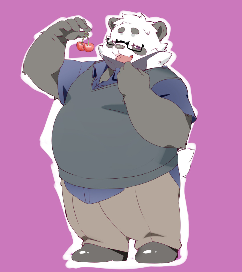 2022 anthro bear belly big_belly black_body black_nose bottomwear clothing eyewear face_mask food fruit giant_panda glasses hi_res humanoid_hands inunoshippo kemono male mammal overweight overweight_male pants plant sasayama_akira shirt solo sweater sweater_vest topwear vest vtuber white_body