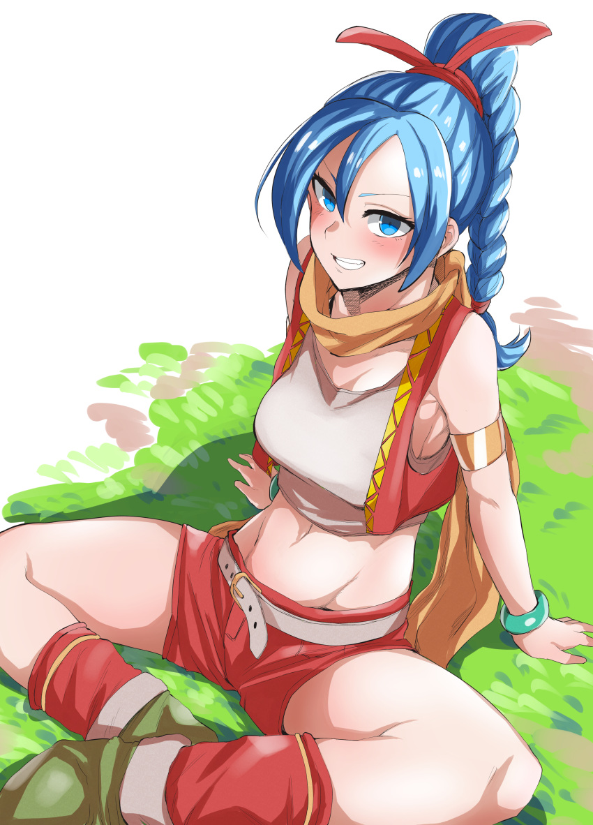 absurdres belt blue_eyes blue_hair blush braid breasts clenched_teeth commentary_request dragon_quest dragon_quest_xi female hair_ribbon highres long_hair looking_at_viewer maya_(dq11) medium_breasts megao_3rd midriff red_footwear red_ribbon red_shorts red_vest ribbon shirt shorts single_braid sitting solo teeth vest white_belt white_shirt