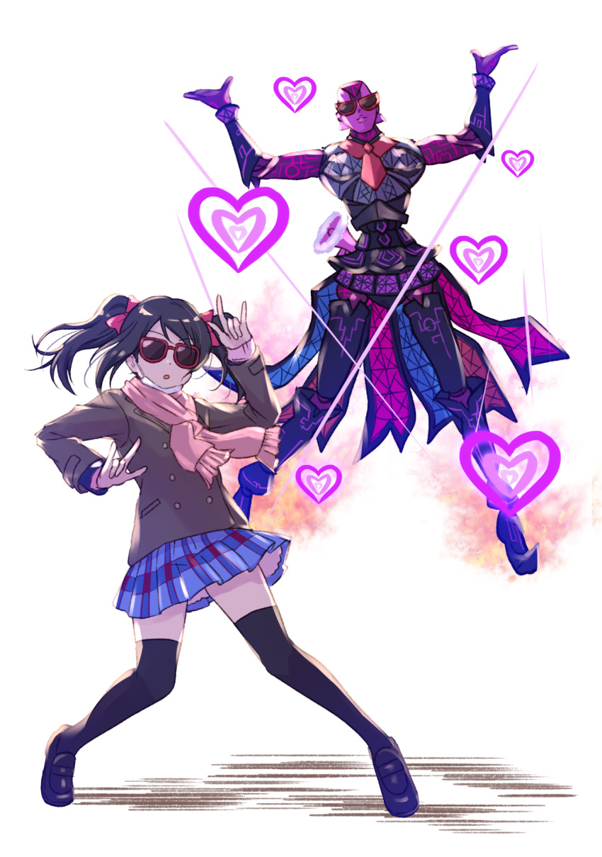 \n/ black_footwear black_hair black_legwear female fire full_body heart highres jacket jojo_no_kimyou_na_bouken jojo_pose love_live! love_live!_school_idol_project mask megaphone mouth_mask nico_nico_nii open_mouth pleated_skirt pose psychic_fire scarf shamakho simple_background skirt stand_(jojo) sunglasses thighhighs twintails yazawa_nico