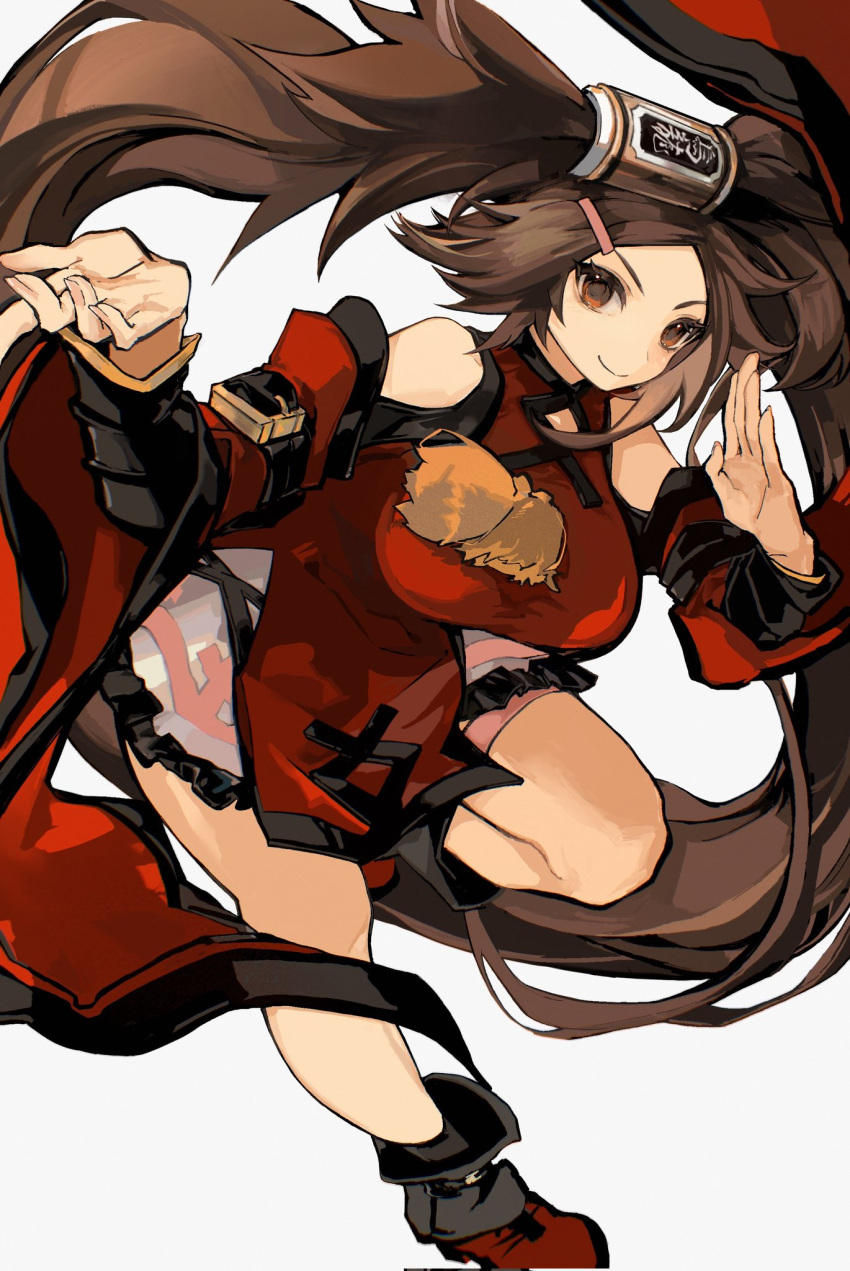 bare_legs bare_shoulders breasts brown_eyes brown_hair china_dress chinese_clothes detached_sleeves dress female fighting_stance found_modori guilty_gear guilty_gear_xrd hair_ornament hairclip highres kuradoberi_jam large_breasts leg_up long_hair pelvic_curtain skirt smile solo thigh_strap wide_sleeves