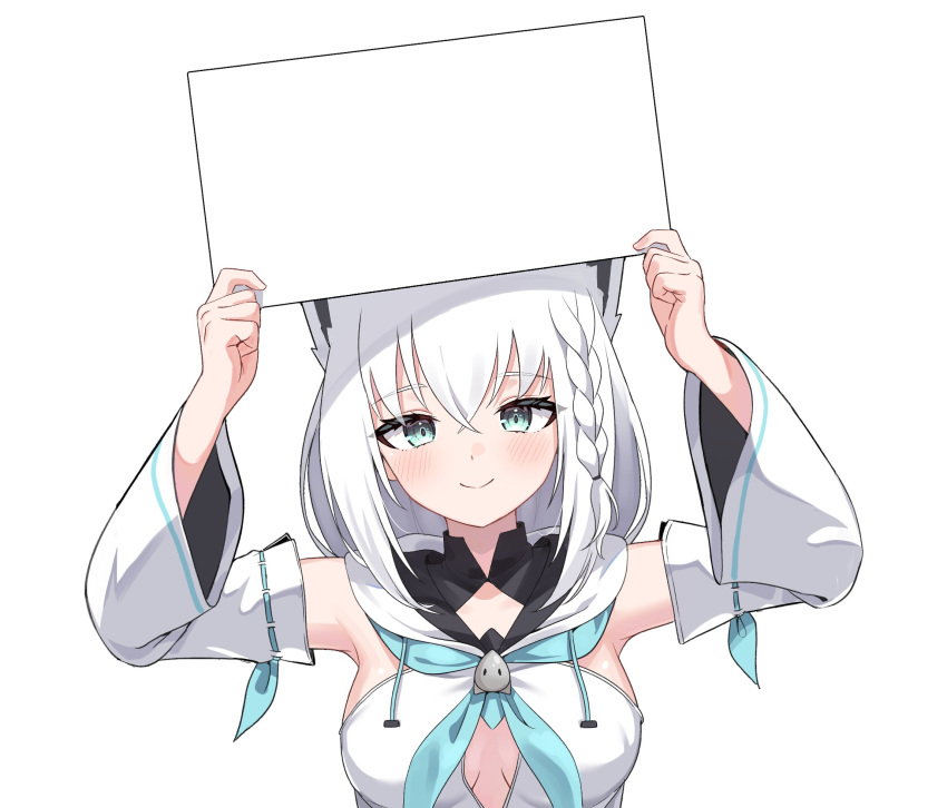 animal_ears arms_up blue_neckerchief braid breasts cleavage_cutout clothing_cutout detached_sleeves female fox_ears fox_girl hands_up highres holding holding_sign hololive kumarang looking_at_viewer medium_breasts neckerchief ribbon-trimmed_sleeves ribbon_trim shirakami_fubuki shirakami_fubuki_(1st_costume) side_braid sign simple_background single_braid smile solo straight-on template upper_body virtual_youtuber white_background white_hair wide_sleeves