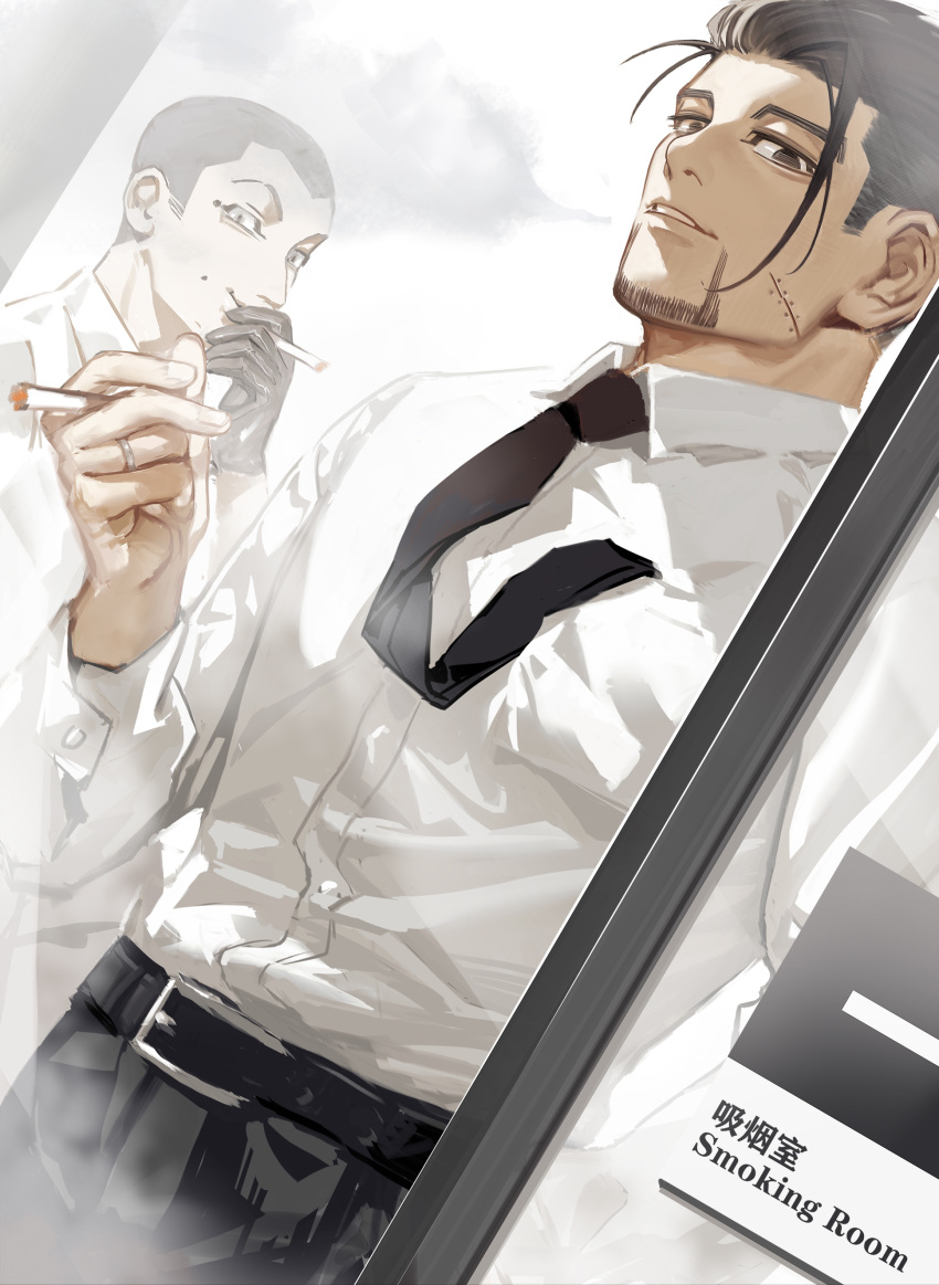 2boys absurdres black_eyes black_hair black_necktie buzz_cut chinese_commentary cigarette commentary facial_hair feet_out_of_frame goatee golden_kamuy hair_slicked_back hair_strand highres male_focus mature_male midomido mole multiple_boys necktie ogata_hyakunosuke scar scar_on_cheek scar_on_face short_hair sideburns smile smoking stubble undercut usami_tokishige very_short_hair