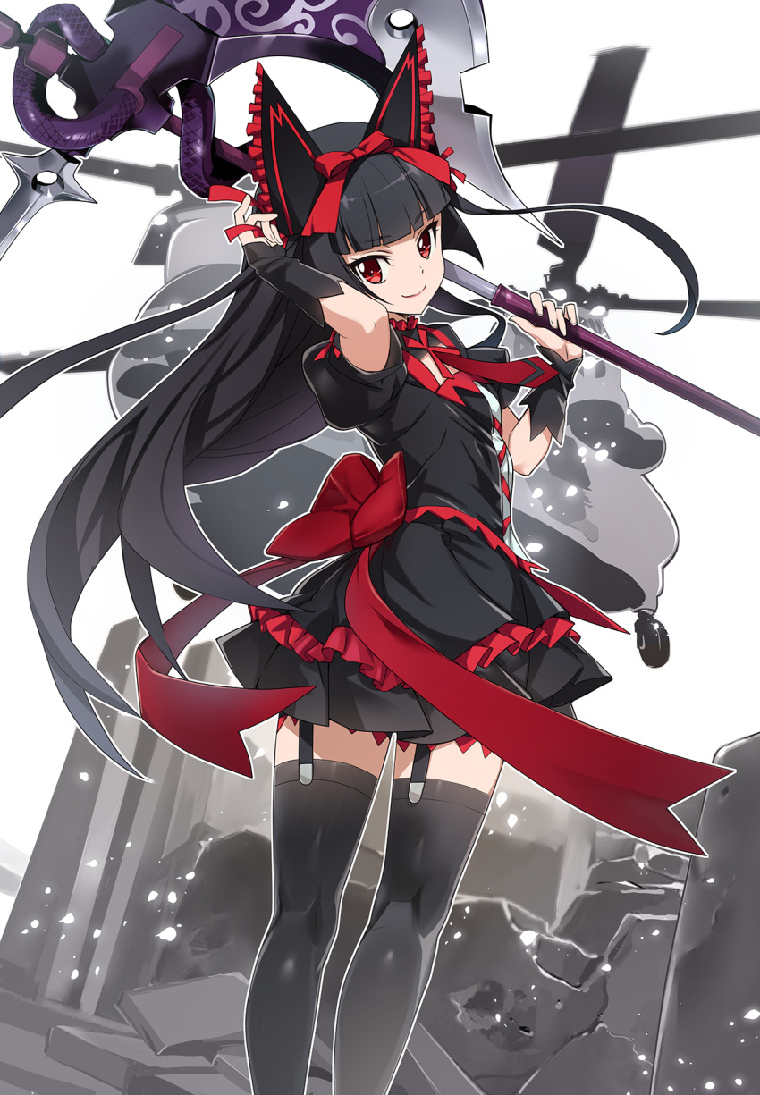 black_hair blunt_bangs bow commentary dress female frilled_dress frilled_skirt frills garter_straps gate_-_jieitai_ka_no_chi_nite_kaku_tatakaeri gothic_lolita hairbow halberd highres hime_cut kneepits lolita_fashion long_hair looking_at_viewer nyoro_(nyoronyoro000) polearm red_eyes rory_mercury skirt smile solo standing thighhighs very_long_hair weapon wrist_guards