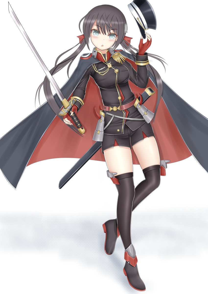 absurdres alternate_costume azur_lane black_cape black_hair black_hat black_jacket black_shorts black_thighhighs blue_eyes breasts cape commentary_request cosplay female fingerless_gloves full_body genius_1237to glasgow_(azur_lane) gloves hat highres holding holding_sword holding_weapon jacket kinu_(azur_lane) kinu_(azur_lane)_(cosplay) long_hair looking_at_viewer partial_commentary peaked_cap sheath shorts simple_background small_breasts solo sword thighhighs weapon white_background