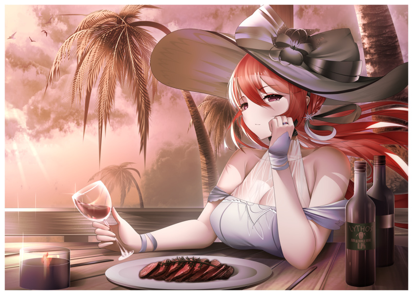 azur_lane breasts cocktail_dress cup dress drinking_glass evening female gdat hat holding holding_cup large_breasts long_hair looking_at_viewer monarch_(azur_lane) monarch_(white_warrick)_(azur_lane) official_alternate_costume palm_tree purple_eyes red_hair see-through solo summer sun_hat thighlet tree white_hat wine_glass