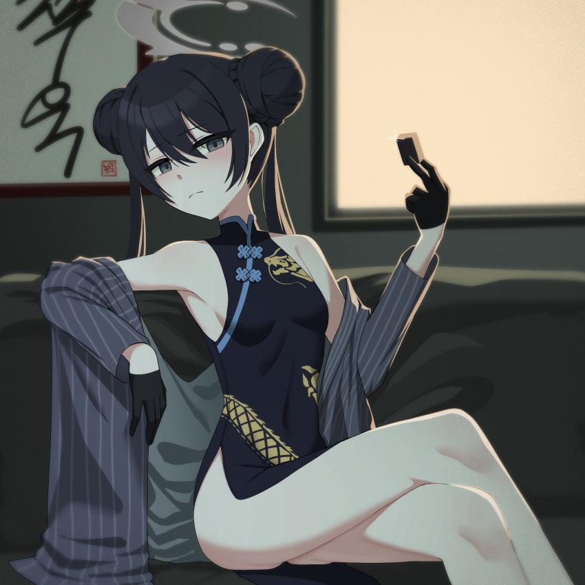 ahoge arm_support armpits ass black_coat black_dress black_eyes black_gloves black_hair blue_archive blurry china_dress chinese_clothes coat commentary_request couch crossed_legs depth_of_field double_bun dress female gloves hair_bun half_gloves halo head_tilt highres holding indoors kisaki_(blue_archive) long_hair long_sleeves looking_at_viewer no_panties office open_clothes open_coat side_slit sidelocks sitting sleeveless sleeveless_turtleneck_dress solo tost_(cloi123) twintails whiteboard window