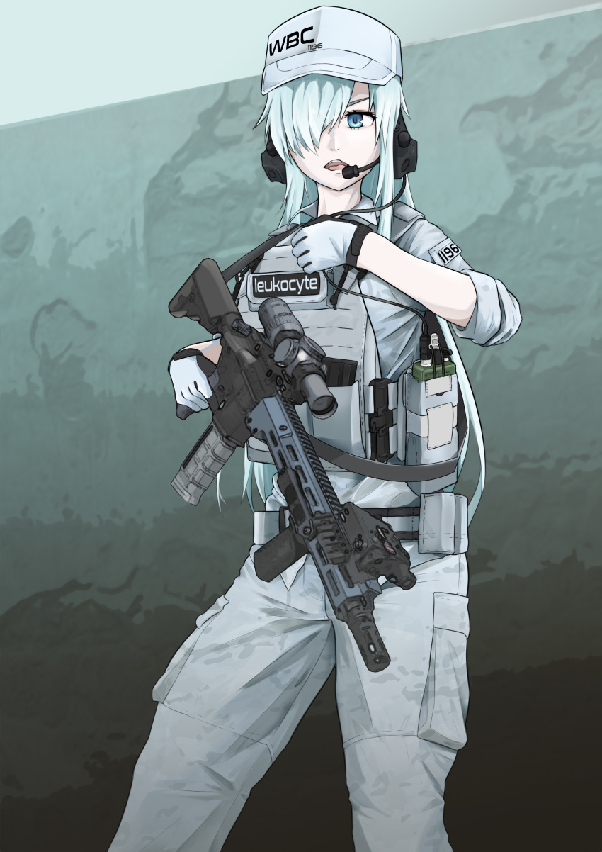 absurdres assault_rifle baseball_cap blue_eyes geissele_urg-i gloves gun hat hataraku_saibou hataraku_saibou_black headset highres khaid_shiden military rifle tactical_clothes trigger_discipline u-1196 weapon white_blood_cell_(hataraku_saibou) white_hair