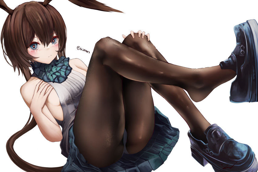 amiya_(arknights) animal_ears arknights ascot bare_shoulders black_pantyhose black_skirt blue_ascot blue_eyes blush breasts brown_hair feet female hair_between_eyes hand_on_own_chest hand_on_own_knee highres kainines legs legs_up long_hair looking_at_viewer lying on_back pantyhose ponytail rabbit_ears rabbit_girl shirt shoe_dangle sideboob simple_background skirt sleeveless sleeveless_shirt small_breasts solo thighs white_background