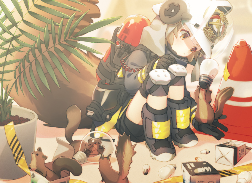 arknights black_gloves boots box brown_eyes brown_hair chabi_(amedama) female firefighter gas_mask gloves helmet knee_pads light_bulb mask plant potted_plant shaw_(arknights) sitting solo squirrel squirrel_tail tail traffic_cone