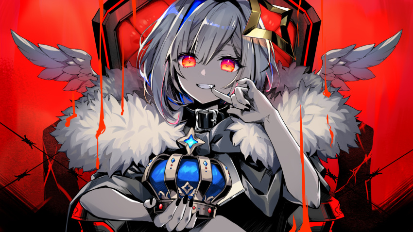 amane_kanata angel_wings bangs banned_artist barbed_wire black_collar black_nails chair coat collar commentary_request crown crown_removed eyebrows_visible_through_hair female fur-trimmed_coat fur_trim grin halo highres holding holding_crown hololive king_(vocaloid) looking_at_viewer nail_polish red_background red_eyes red_theme ria smile solo teeth throne virtual_youtuber wings