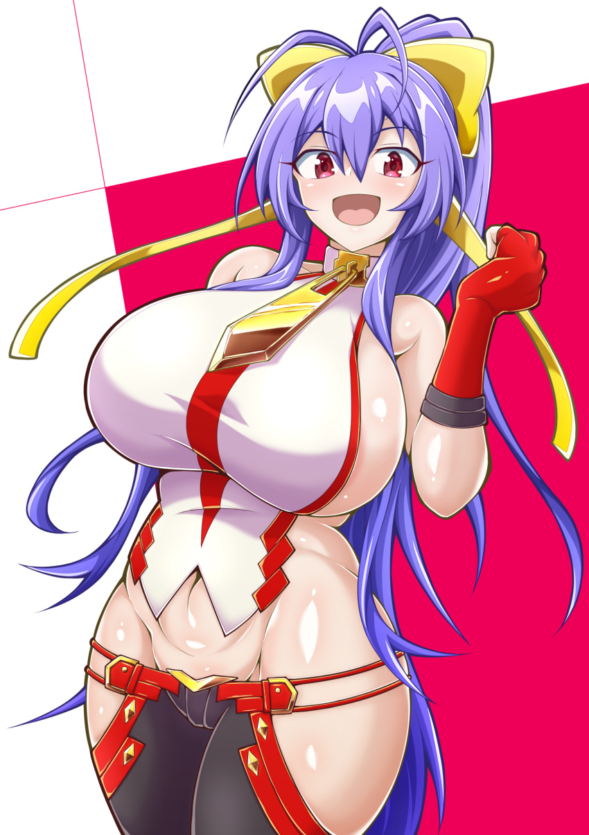 antenna_hair backless_outfit bare_shoulders black_pants blazblue blazblue:_central_fiction blazblue_variable_heart blue_hair breasts female fingerless_gloves gloves groin hair_ribbon halterneck high_ponytail highres hip_vent huge_breasts kumanosita looking_at_viewer lowleg lowleg_pants mai_natsume open_mouth pants purple_eyes red_gloves ribbon sideboob sidelocks smile solo yellow_ribbon