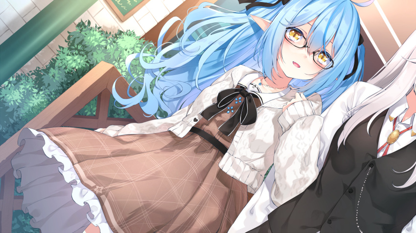 2girls ahoge black_bow black_ribbon black_vest blonde_hair blue_hair blush bow brown_dress bush cardigan chiyonekoko collared_shirt commentary dress dutch_angle elf frilled_dress frills glasses grey_hair hair_between_eyes hair_ribbon head_out_of_frame highres hololive locked_arms long_hair long_sleeves looking_at_viewer multiple_girls oerba_yun_fang official_alternate_costume open_cardigan open_clothes open_mouth plaid plaid_dress pointy_ears ribbon shirt shishiro_botan shishiro_botan_(button-down) smile two_side_up vest virtual_youtuber white_cardigan white_shirt yukihana_lamy yukihana_lamy_(casual)