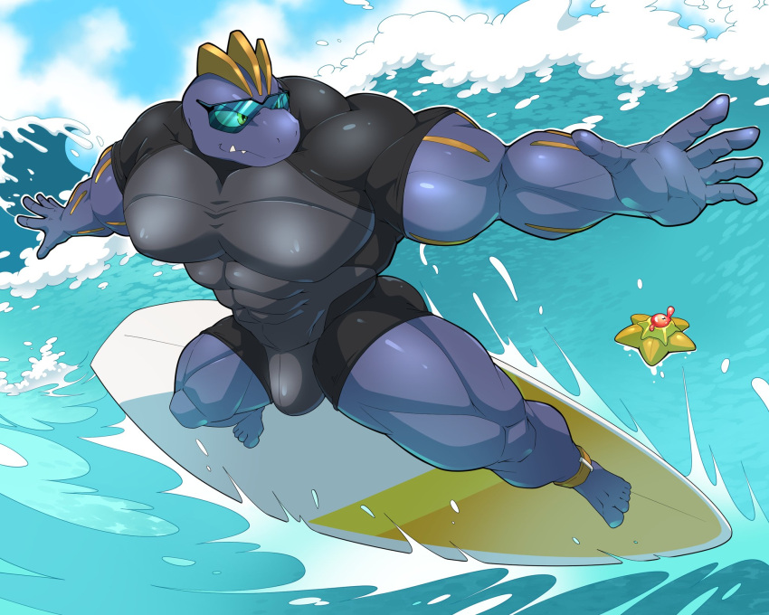 abs bulge clothed clothing eyewear generation_1_pokemon glasses hi_res humanoid machoke maldu male muscular muscular_humanoid muscular_male nintendo pecs pokemon pokemon_(species) ryuji_kaiyo staryu surfboard surfing