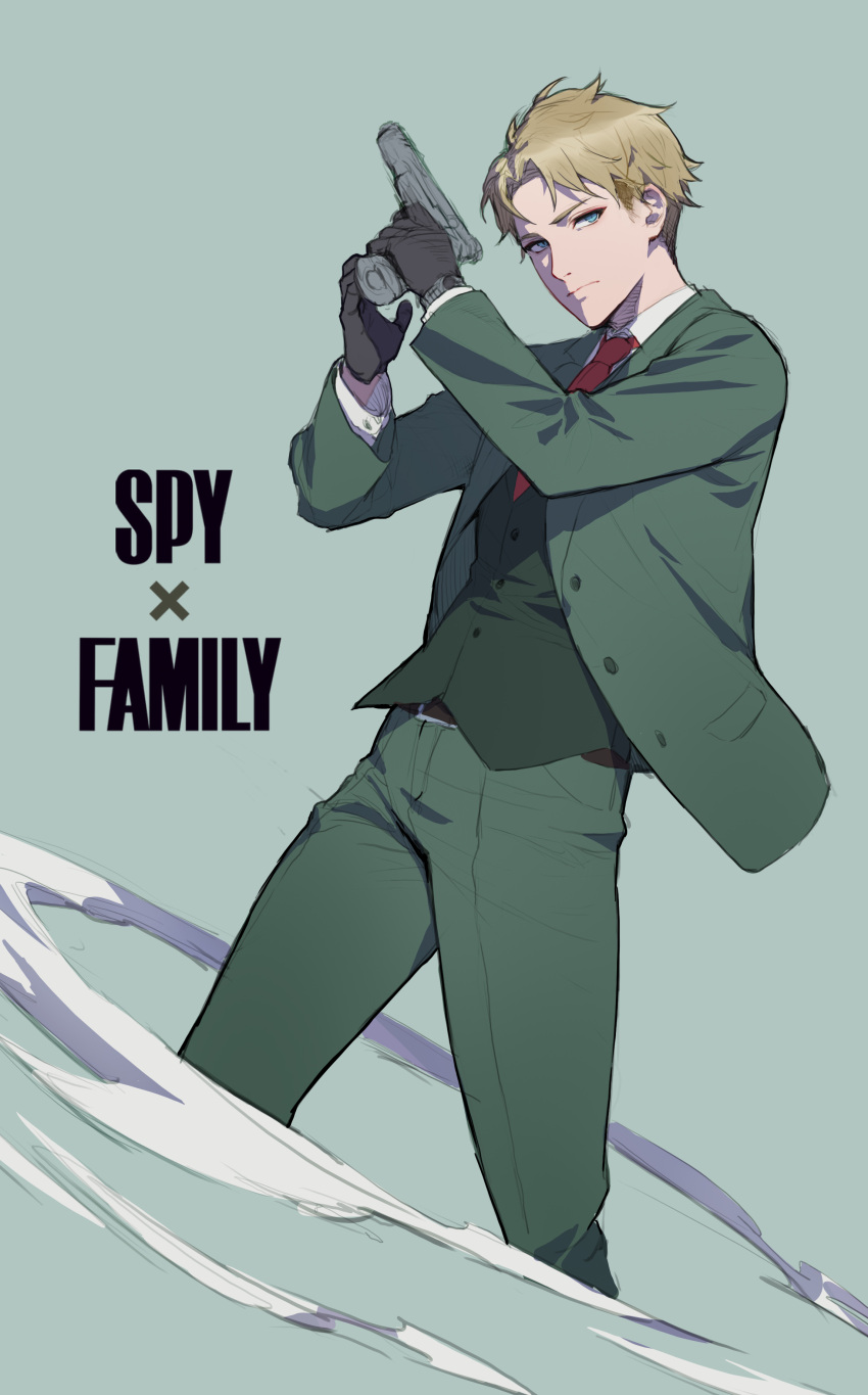 1boy absurdres bad_id bad_pixiv_id belt belt_buckle black_belt black_gloves blazer blonde_hair blue_eyes buckle closed_mouth collared_shirt copyright_name dress_shirt expressionless formal gloves green_jacket green_pants gun handgun hands_up highres holding holding_gun holding_weapon jacket long_sleeves looking_at_viewer male_focus messy_hair mmlyno necktie open_clothes open_jacket pants red_necktie shirt short_hair simple_background solo spy_x_family standing suit twilight_(spy_x_family) vest waistcoat watch weapon white_background white_shirt wristwatch