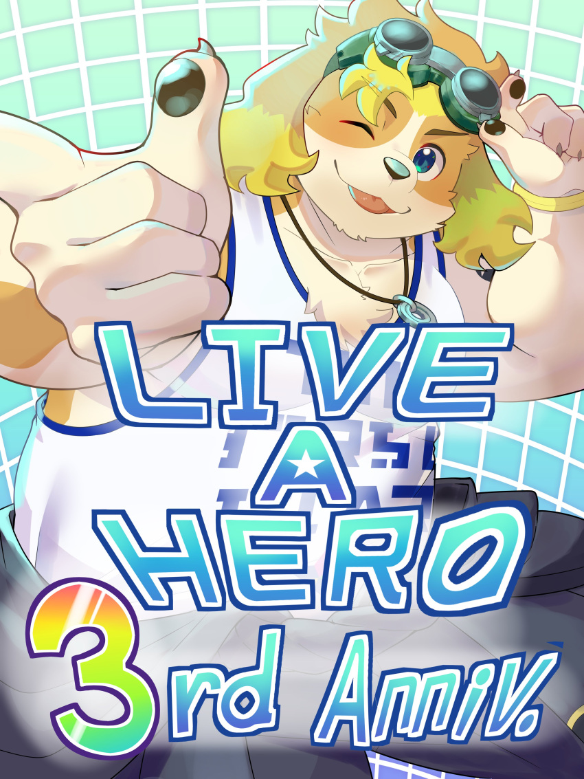 absurd_res amidasuke anthro belly blep blonde_hair blue_eyes canid canine canis clothing domestic_dog english_text eyewear floppy_ears goggles hair hi_res hisaki_(live_a_hero) lifewonders live_a_hero male mammal one_eye_closed overweight overweight_male shirt solo tank_top text tongue tongue_out topwear wink