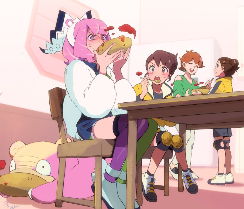 4girls asymmetrical_legwear blush bow bowl brown_eyes brown_hair chair closed_eyes drill_hair eating facing_another flipped_hair galarian_slowpoke gloria_(pokemon) green_legwear hairband hairbow highres holding holding_bowl holding_spoon honey_(pokemon) indoors klara_(pokemon) kotone_ranmaru long_sleeves looking_at_another master_dojo_uniform max_soup mismatched_legwear multiple_girls pink_eyes pink_hair pokemon pokemon_(creature) pokemon_swsh purple_legwear short_hair sitting spoon sweat table thighhighs twin_drills v-shaped_eyebrows victor_(pokemon) white_bow white_hairband