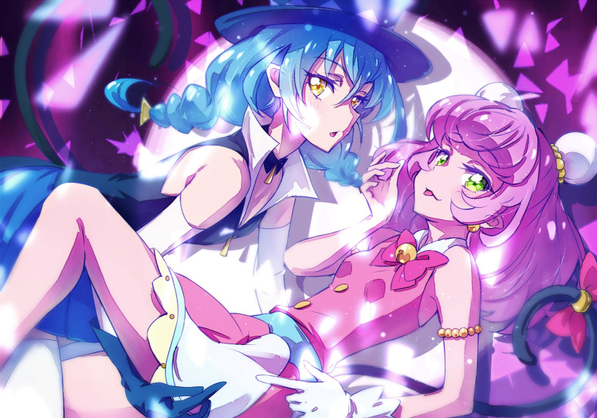 2girls black_choker black_jacket blue_cat_(precure) blue_gloves blue_hair blue_headwear blue_skirt bow bowtie braid bun_cover cat_tail choker detached_sleeves double_bun dress dual_persona gloves green_eyes hair_bun highres jacket kyoutsuugengo long_hair long_sleeves mao_(precure) miniskirt multiple_girls open_mouth pink_dress pink_hair pleated_skirt pointy_ears precure red_bow red_bowtie skirt sleeveless sleeveless_dress sleeveless_jacket star_twinkle_precure tail tail_bow tail_ornament thighhighs tongue tongue_out twin_braids twintails white_gloves white_legwear white_sleeves yellow_eyes yuni_(precure) zettai_ryouiki