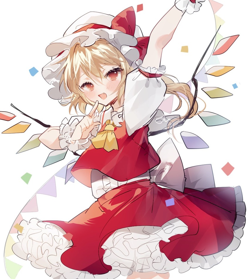 arm_up ascot back_bow blonde_hair blush bow collared_shirt commentary confetti crystal eyelashes female flandre_scarlet frills grey_bow hair_between_eyes hands_up hat hat_bow highres jewelry looking_to_the_side mob_cap multicolored_wings oerba_yun_fang one_side_up open_mouth pointing puffy_short_sleeves puffy_sleeves red_bow red_eyes red_skirt red_vest shirt short_hair short_sleeves simple_background skirt smile solo sorani_(kaeru0768) standing tongue touhou vest white_background white_hat white_shirt wings wrist_cuffs yellow_ascot