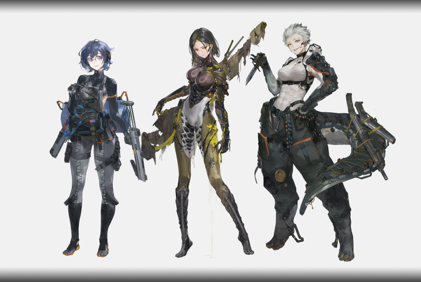 3girls armor camouflage combat_knife commentary_request cyberpunk cyborg gun highres holding holding_gun holding_knife holding_weapon knife mechanical_tail medium_hair multiple_girls original plugsuit qiongsheng rifle scale_armor science_fiction short_hair sniper_rifle tactical_clothes tail tripod weapon