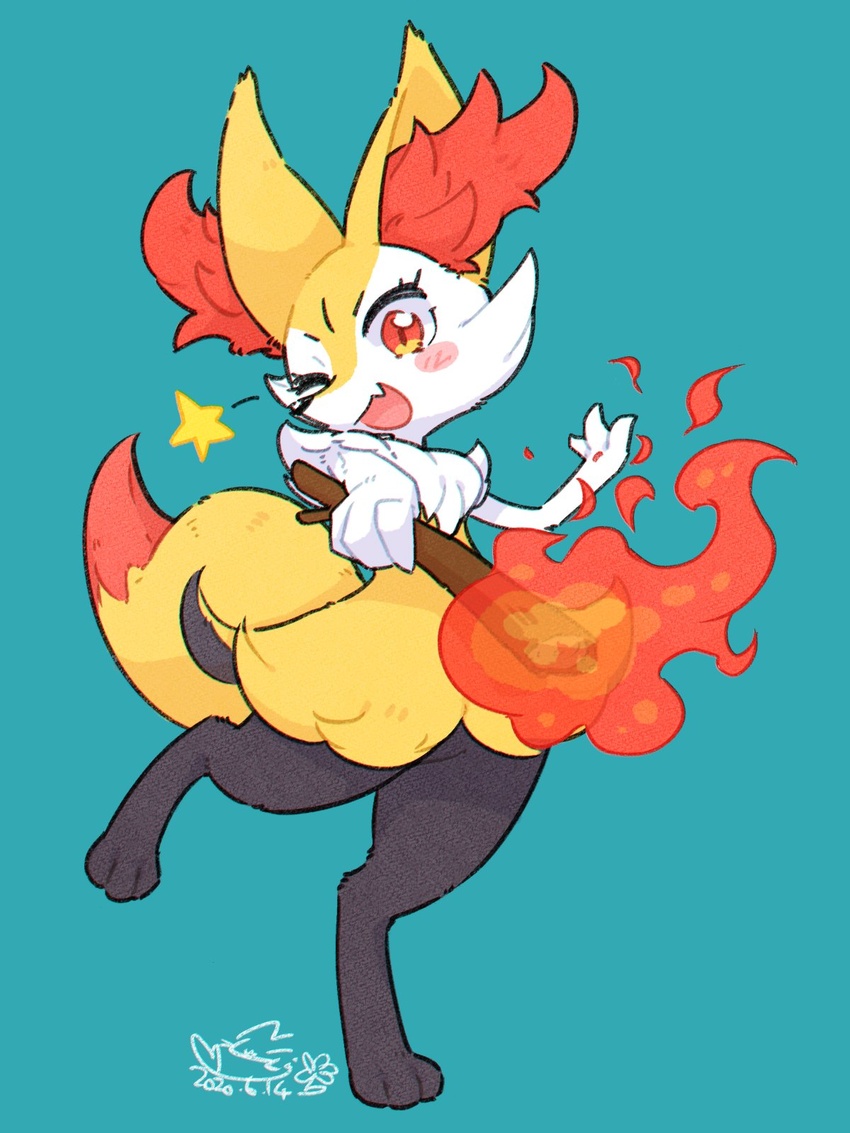 animal_ear_fluff animal_ears animal_nose aqua_background artist_name black_fur blush blush_stickers braixen collaboration colorized commentary dated digitigrade female fire fox_ears fox_tail full_body furry furry_female hand_up happy highres holding holding_stick jpeg_artifacts leg_up looking_at_viewer lovewolf5122 mizuki_kotora multicolored_fur oerba_yun_fang one_eye_closed open_mouth outstretched_arm pokemon pokemon_(creature) red_eyes signature simple_background skin_fang smile snout solo standing standing_on_one_leg star_(symbol) stick symbol-only_commentary tail white_fur yellow_fur