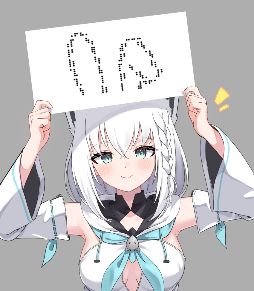 ^^^ animal_ears arms_up blue_neckerchief braid breasts cleavage_cutout clothing_cutout commentary_request detached_sleeves fake_animal_ears female fox_ears fox_girl grey_background hands_up highres holding holding_sign hololive kumarang looking_at_viewer medium_breasts meme neckerchief ribbon-trimmed_sleeves ribbon_trim shirakami_fubuki shirakami_fubuki_(1st_costume) side_braid sign simple_background single_braid smile solo straight-on twitter_rabbit_ears_(meme) upper_body virtual_youtuber white_hair wide_sleeves