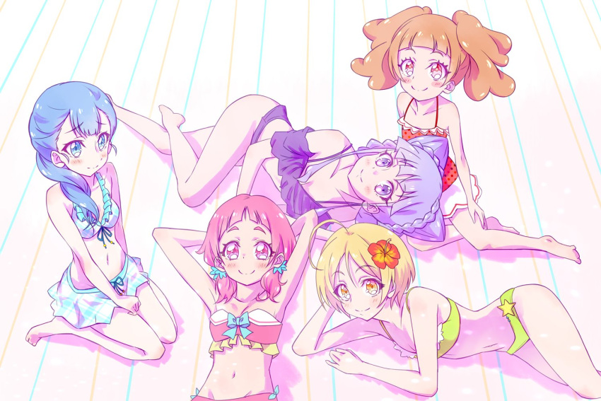 5girls aisaki_emiru armpits arms_behind_head barefoot bikini bikini_skirt blonde_hair blue_eyes blue_hair blue_ribbon braid breasts brown_hair casual_one-piece_swimsuit cleavage closed_mouth collarbone crown_braid front-tie_bikini_top front-tie_top full_body groin hair_over_shoulder head_rest hugtto!_precure kagayaki_homare kyoutsuugengo lap_pillow long_hair looking_at_viewer lying multiple_girls navel nono_hana on_back on_side one-piece_swimsuit orange_eyes pink_eyes pink_hair polka_dot polka_dot_swimsuit precure purple_bikini purple_eyes purple_hair red_one-piece_swimsuit ribbon ruru_amour short_hair small_breasts smile star_(symbol) strapless strapless_bikini striped striped_background swimsuit tied_hair white_background white_bikini yakushiji_saaya yellow_bikini yellow_eyes