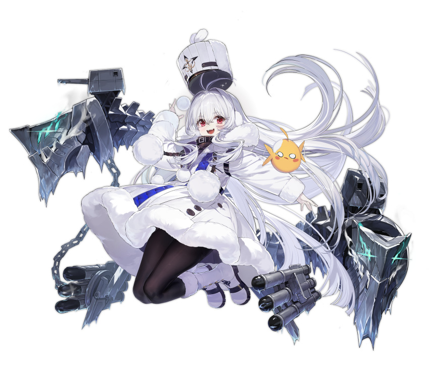 ahoge azur_lane black_legwear blush boots coat coat_dress female fur-trimmed_coat fur-trimmed_collar fur-trimmed_sleeves fur_trim hair_between_eyes hat highres huoyi_(zzh100200) long_hair machinery manjuu_(azur_lane) military_hat official_art open_mouth pantyhose red_eyes rigging smile snow snowball stremitelny_(azur_lane) tornado transparent_background turret very_long_hair white_coat white_footwear white_hair