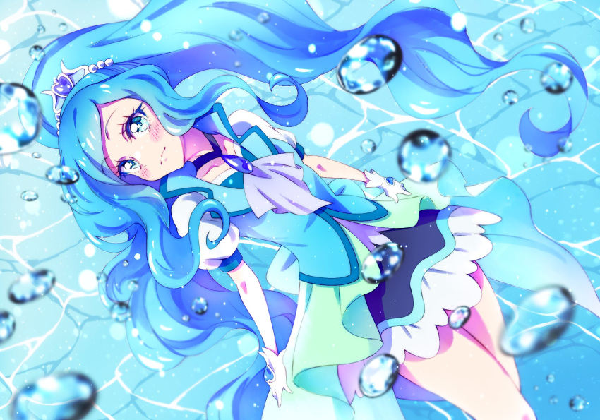 blue_choker blue_eyes blue_hair blush choker closed_mouth collarbone cure_fontaine dress female floating_hair gloves healin'_good_precure highres kyoutsuugengo layered_dress long_hair parted_bangs ponytail precure sawaizumi_chiyu short_dress short_sleeves smile solo split_ponytail very_long_hair white_gloves