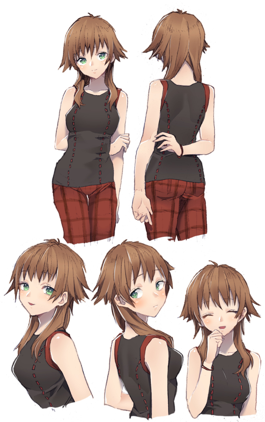 breasts brown_hair closed_mouth female green_eyes highres kingdom_hearts kingdom_hearts_ii kingdom_hearts_iii long_hair looking_at_viewer multiple_views murata_tefu olette simple_background smile white_background