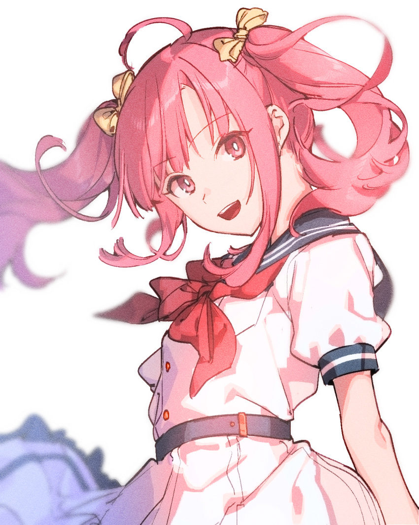 achikita_chinami ahoge arms_behind_back belt blurry blurry_background blush bow commentary_request depth_of_field female hairbow highres long_hair looking_at_viewer mirin_chikuwa neckerchief nijisanji open_mouth pink_eyes pink_hair red_neckerchief school_uniform short_sleeves simple_background smile solo twintails upper_body virtual_youtuber white_background white_uniform yellow_bow