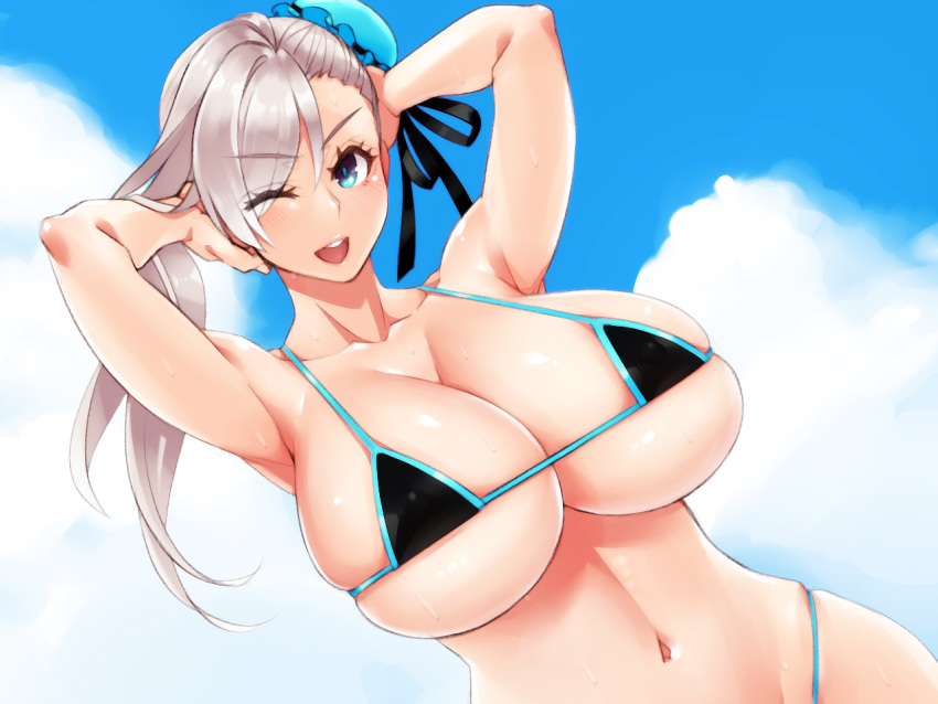 armpits arms_behind_head arms_up asymmetrical_hair bare_shoulders bikini black_bikini blue_eyes blue_sky blush breasts bun_cover cleavage collarbone day fate/grand_order fate_(series) female grey_hair hair_bun hair_ribbon hayama_kazusa large_breasts long_hair looking_at_viewer miyamoto_musashi_(fate) miyamoto_musashi_(swimsuit_berserker)_(fate) miyamoto_musashi_(swimsuit_berserker)_(first_ascension)_(fate) navel one_eye_closed open_mouth ribbon single_hair_bun single_side_bun sky smile swept_bangs swimsuit