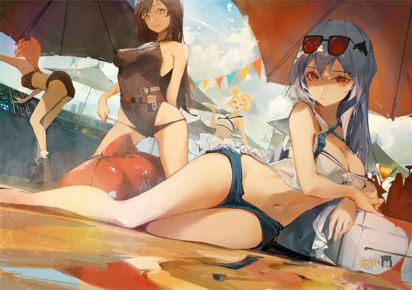 4girls ;d arknights arm_support ass bare_arms bare_legs bare_shoulders bikini bikini_skirt bikini_top_only black_bikini black_one-piece_swimsuit black_shorts blonde_hair blue_shorts breasts brown_eyes brown_hair casual_one-piece_swimsuit chinese_commentary cleavage closed_mouth commentary_request croissant_(arknights) croissant_(seeker)_(arknights) day eyewear_on_head eyyy grey_hair gummy_(arknights) gummy_(summer_flowers)_(arknights) inflatable_orca inflatable_toy kneeling long_hair lying medium_breasts mixing_console multiple_girls navel official_alternate_costume on_side one-piece_swimsuit one_eye_closed open_mouth orange_hair orca_hair_ornament outdoors pennant red-tinted_eyewear red_eyes short_hair shorts skadi_(arknights) skadi_(waverider)_(arknights) skyfire_(arknights) skyfire_(temperature_difference)_(arknights) smile sora_(arknights) stomach sunglasses sunlight swimsuit texas_(arknights) tinted_eyewear umbrella very_long_hair white_bikini