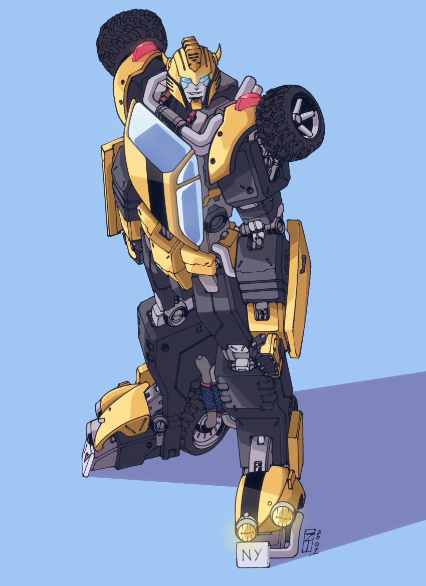 1boy absurdres autobot blue_eyes bumblebee_(transformers) english_commentary from_above highres horns i_heart... lextodrawstuff mecha no_humans robot science_fiction smile solo standing transformers wheel