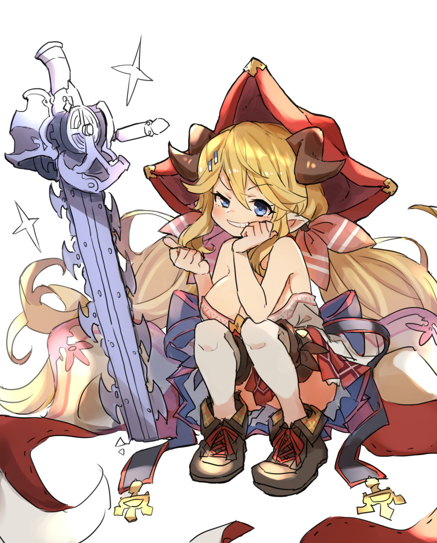 absurdres blonde_hair blue_eyes breasts chainsaw draph female gazacy_(dai) granblue_fantasy grin hallessena hat highres horns large_breasts long_hair low_twintails planted smile solo squatting thighhighs twintails weapon