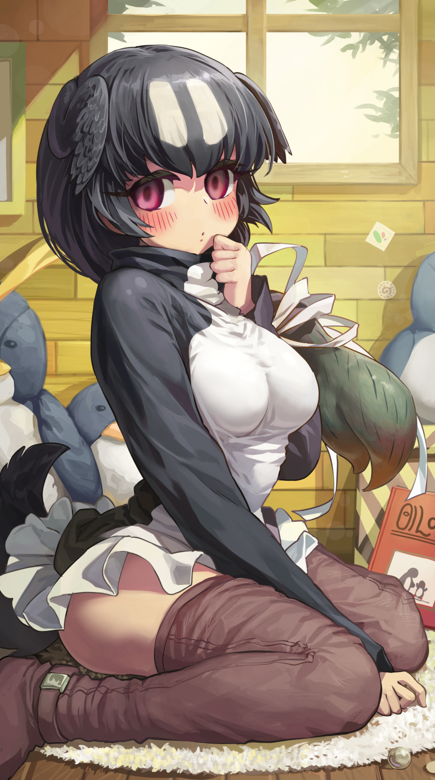 absurdres between_legs bird_tail black_hair blush boots breasts commission day female great_auk_(kemono_friends) hand_between_legs hand_on_own_chin hand_up head_wings highres indoors kemono_friends large_breasts long_sleeves looking_at_viewer medium_breasts melaton multicolored_hair purple_eyes sitting skeb_commission solo stuffed_toy tail thigh_boots thighhighs wariza window wings