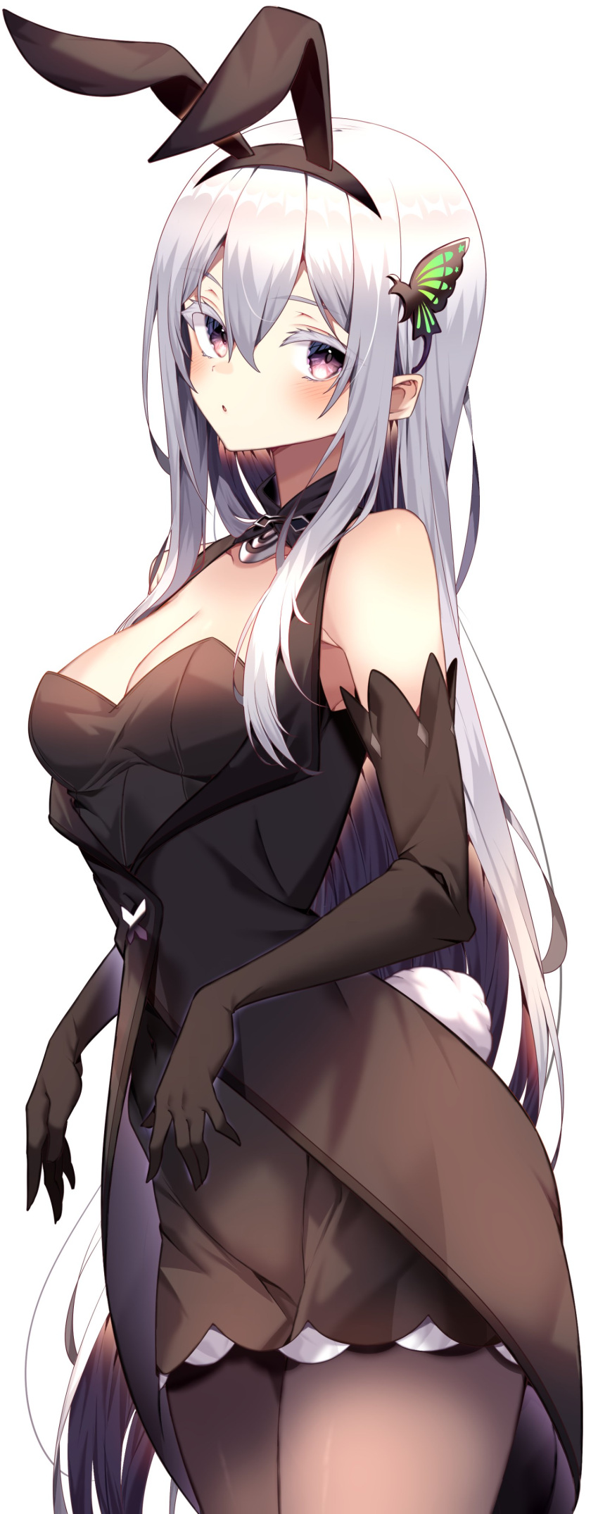 absurdres animal_ears bare_shoulders black_dress black_eyes black_gloves black_pantyhose blush breasts butterfly_hair_ornament cleavage colored_eyelashes dress echidna_(re:zero) elbow_gloves female gloves hair_between_eyes hair_ornament highres jun_(aousa0328) long_hair looking_at_viewer medium_breasts pantyhose rabbit_ears rabbit_tail re:zero_kara_hajimeru_isekai_seikatsu solo tail white_hair