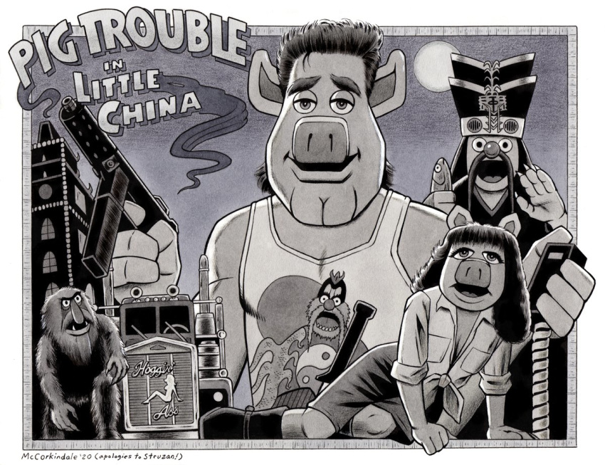 2020 animal_(muppets) anthro big_trouble_in_little_china black_and_white black_hair boots border breasts bruce_mccorkindale building cleavage cleft_chin clothed clothing crossover domestic_pig english_text facial_hair female fish footwear greyscale group gun hair hat headgear headwear humanoid lew_zealand link_hogthrob looking_at_viewer male mammal marine miss_piggy monochrome moon moustache muppet muppets muscular ogre parody ranged_weapon sesame_street shirt signature snout suid suina sus_(pig) sweetums tank_top text topwear trailer walkie_talkie weapon white_border yin_yang