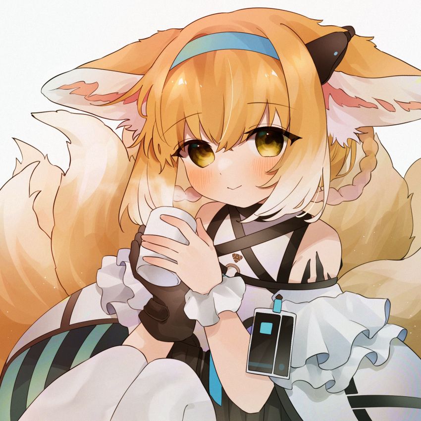 animal_ear_fluff animal_ears arknights bare_shoulders black_gloves blonde_hair blue_hairband blush braid braided_hair_rings brown_eyes closed_mouth commentary_request cup female fox_ears fox_girl fox_tail gloves gradient_hair grey_background hair_between_eyes hair_rings hairband highres holding holding_cup kitsune knees_up kyuubi looking_at_viewer material_growth mug multicolored_hair multiple_tails oripathy_lesion_(arknights) pantyhose shirt simple_background single_glove single_wrist_cuff sitting smile solo steam suzuran_(arknights) tail takumi_mizuki twin_braids white_hair white_pantyhose white_shirt wrist_cuffs