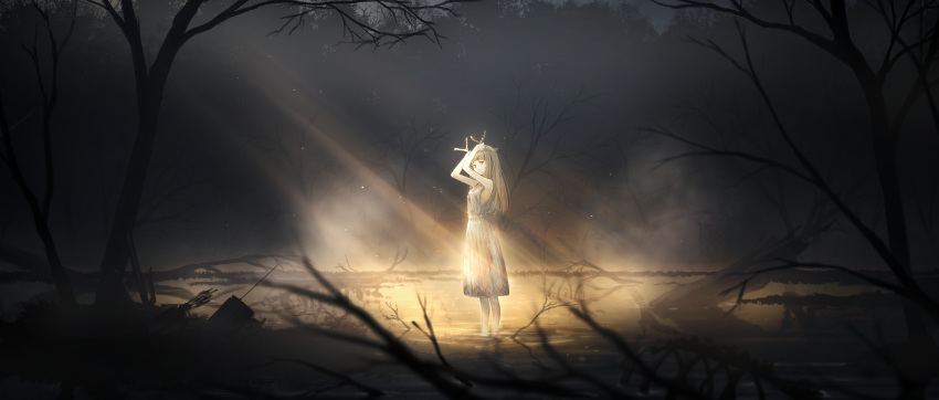 absurdres antlers arknights arms_up bare_shoulders bare_tree brown_hair dress female firewatch_(arknights) fog green_eyes highres horns light_particles light_rays long_hair looking_at_viewer outdoors parted_lips reflection ripples solo standing tree water wet white_dress widea7