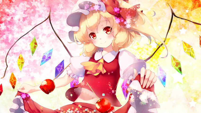 blonde_hair blush camisole candy candy_apple cherry_blossoms clothes_lift commentary_request female flandre_scarlet floral_background food gengetsu_chihiro gradient_background hat hat_ribbon highres konpeitou leaning_back looking_at_viewer midriff mob_cap multicolored_background navel one_side_up partial_commentary photoshop_(medium) red_eyes red_skirt red_vest ribbon short_hair skirt skirt_basket skirt_lift smile solo standing starry_background touhou upper_body vest white_hat wings