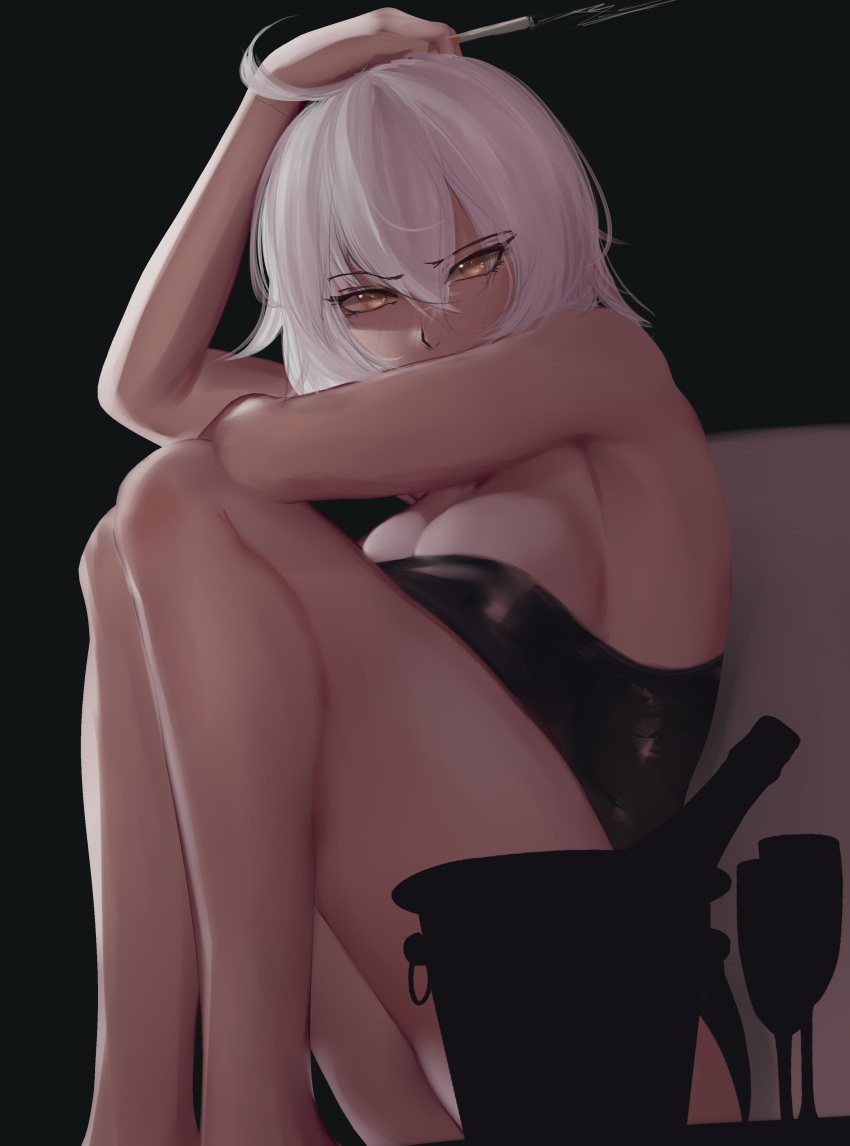 absurdres ahoge alcohol bad_id bad_twitter_id black_background black_dress bottle breasts bucket cigarette couch dress eyebrows fate/grand_order fate_(series) female highres jeanne_d'arc_alter_(avenger)_(fate) jeanne_d'arc_alter_(fate) legs_together looking_at_viewer medium_breasts medium_hair smoke smoke_trail white_hair wine wine_bottle yellow_eyes zaki_(zaki_btw)