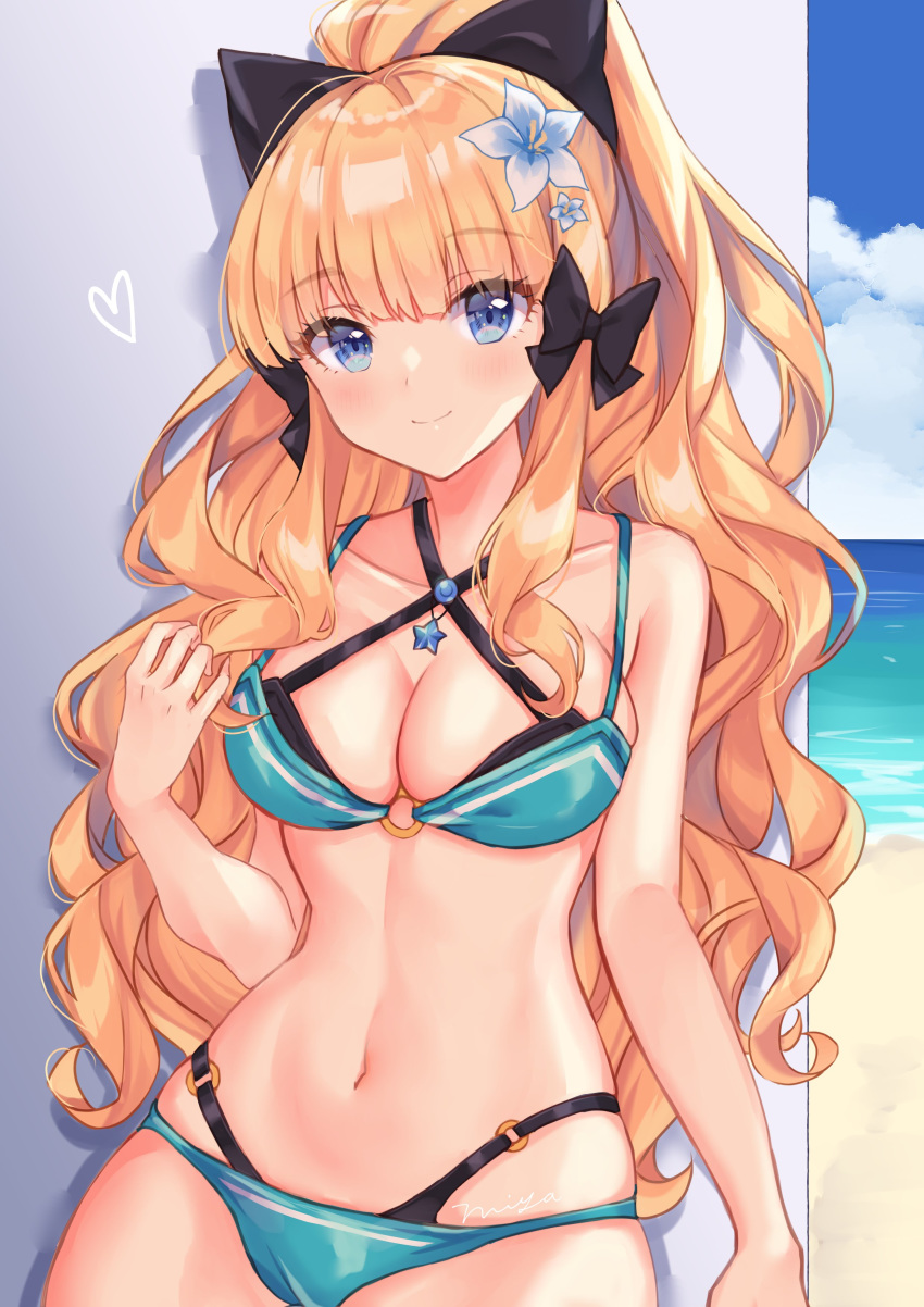 absurdres aqua_bikini bikini black_bow blonde_hair blue_eyes blush bow breasts cleavage closed_mouth collarbone commentary elf female flower hair_flower hair_ornament hair_up hairbow highres large_breasts layered_bikini long_hair looking_at_viewer miyakoto navel outdoors pointy_ears ponytail princess_connect! saren_(princess_connect!) saren_(summer)_(princess_connect!) smile solo swimsuit