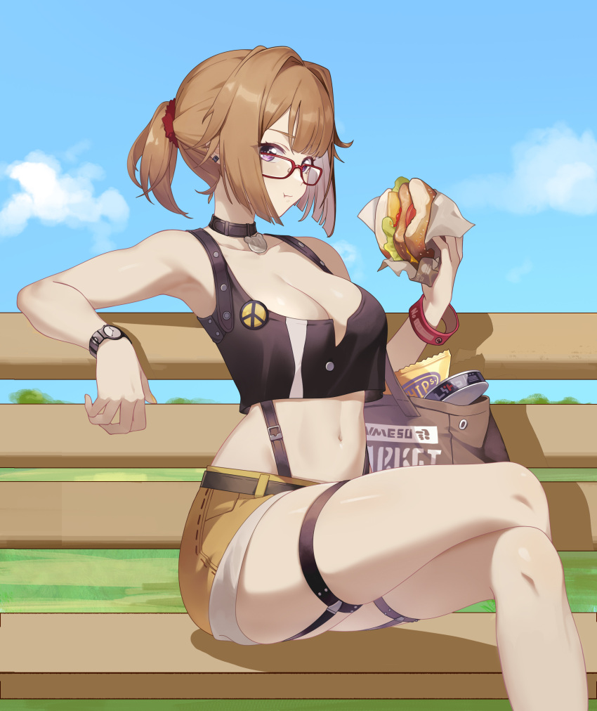 :t absurdres bag bare_arms bare_legs bare_shoulders bench black_tank_top blue_sky breasts brown_hair burger cleavage cloud commentary_request commission crop_top day feet_out_of_frame female food girls'_frontline glasses grizzly_mkv_(girls'_frontline) grizzly_mkv_(weekend_cop)_(girls'_frontline) hand_up highres holding holding_food large_breasts looking_at_viewer midriff navel no.1_machine official_alternate_costume outdoors ponytail purple_eyes red-framed_eyewear second-party_source short_hair short_shorts shorts sitting sky solo stomach tank_top thigh_strap thighs watch wristwatch yellow_shorts