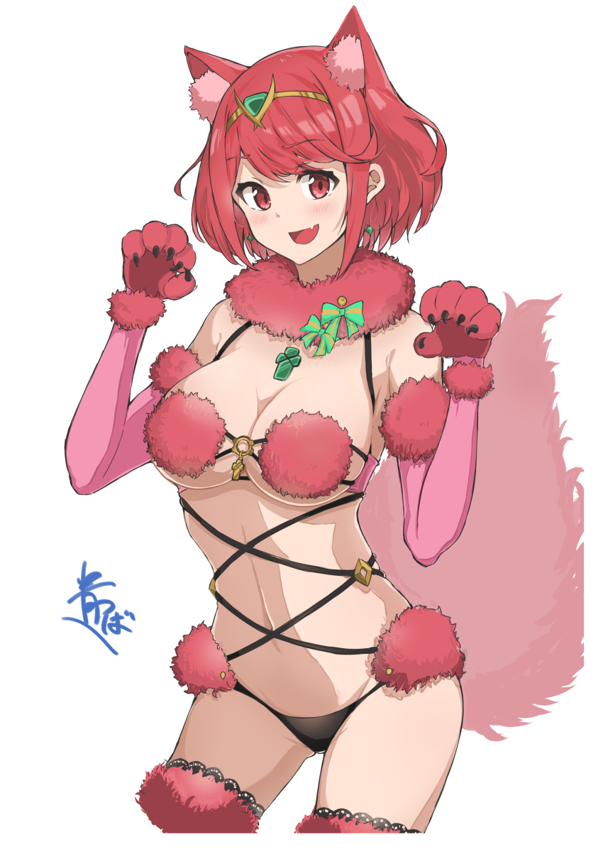 absurdres adapted_costume alternate_color alternate_costume animal_ears animal_hands aotsuba breasts cat_ears cat_girl chest_jewel cosplay fate/grand_order fate_(series) female fur-trimmed_collar fur_trim gloves highres large_breasts mash_kyrielight mash_kyrielight_(dangerous_beast) mash_kyrielight_(dangerous_beast)_(cosplay) paw_gloves paw_pose pyra_(xenoblade) red_eyes red_hair revealing_clothes short_hair simple_background solo swept_bangs white_background xenoblade_chronicles_(series) xenoblade_chronicles_2