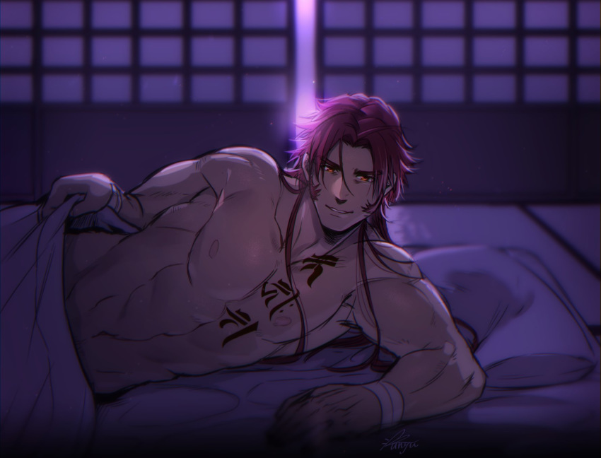 1boy abs bara bed_sheet come_hither commentary_request futon highres indoors long_hair long_sideburns lying male_focus muscular muscular_male naked_sheet nipples nude on_side pectorals pillow pov red_hair siddham sideburns sliding_doors smile solo tachibana_kuniei tattoo tonbokiri_(touken_ranbu) touken_ranbu under_covers yellow_eyes