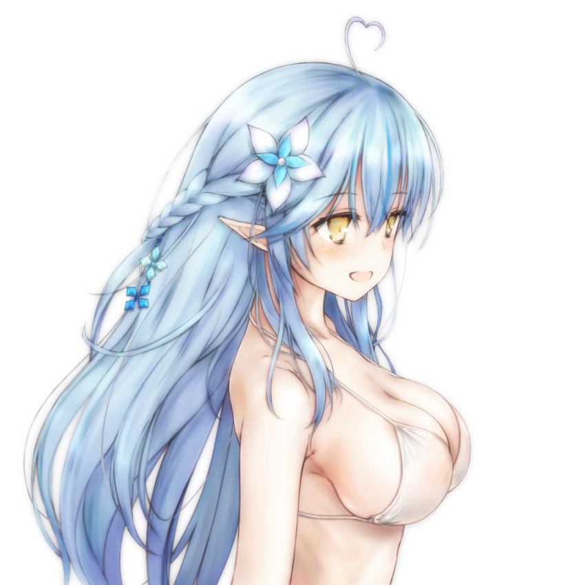 ahoge bikini blue_hair braid breasts colored_tips esan_(llamaesan) female flower from_side hair_flower hair_ornament half_updo heart heart_ahoge hololive large_breasts long_hair multicolored_hair open_mouth pointy_ears sidelocks smile solo standing straight_hair streaked_hair swimsuit virtual_youtuber white_background white_bikini yukihana_lamy