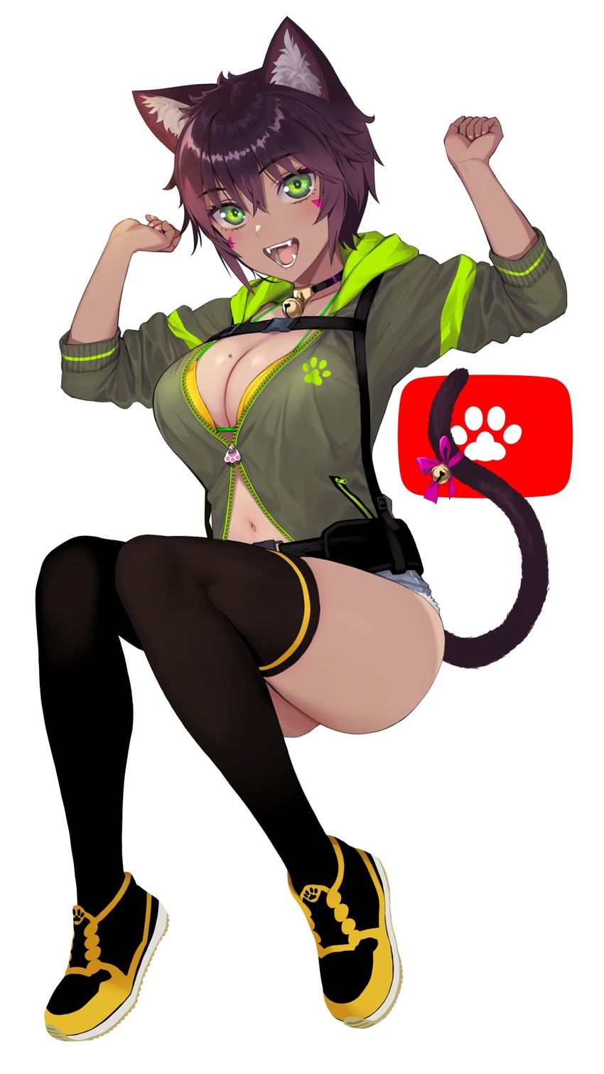 animal_ear_fluff animal_ears arms_up atori_yoru bad_id bad_twitter_id bell black_thighhighs blush breasts cat_ears cat_girl cat_tail choker cleavage dark-skinned_female dark_skin fangs female full_body green_eyes green_jacket hair_between_eyes highres hood indie_virtual_youtuber jacket large_breasts long_sleeves looking_at_viewer mole mole_on_breast navel neck_bell open_mouth partially_unzipped paw_print purple_hair purple_ribbon ribbon shoes short_hair short_shorts shorts simple_background sneakers solo tail teeth thighhighs thighs virtual_youtuber white_background yuzuriha_(active_homing) zipper