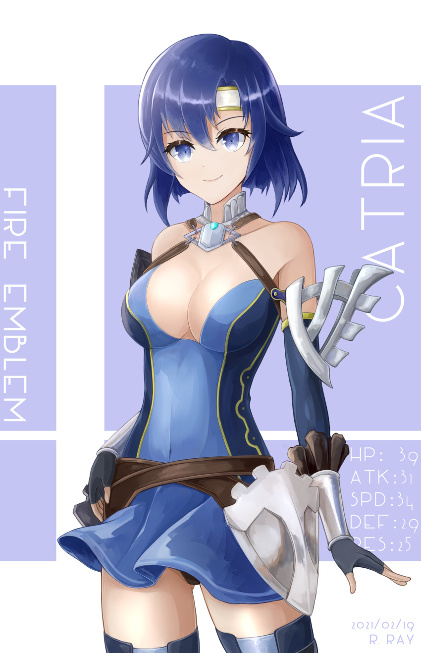 bad_id bad_pixiv_id bare_shoulders black_panties blue_dress blue_eyes blue_gloves blue_hair breasts catria_(fire_emblem) character_name cleavage collarbone copyright_name dated dress elbow_gloves female fingerless_gloves fire_emblem fire_emblem:_mystery_of_the_emblem fire_emblem_awakening gloves headband highres large_breasts official_alternate_costume panties pantyshot pegasus_knight_uniform_(fire_emblem) ryuusaki_rei short_hair smile solo strapless strapless_dress thighhighs underwear white_headband